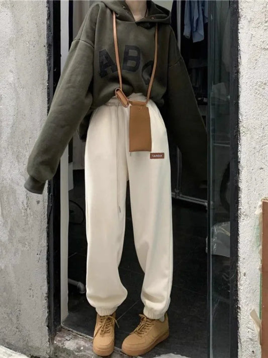Winter Fleece Beige Jogging Sports Korean Style Oversize Pant