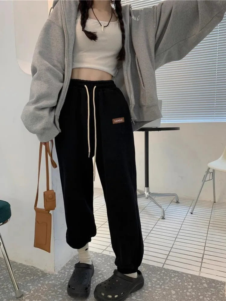 Winter Fleece Beige Jogging Sports Korean Style Oversize Pant