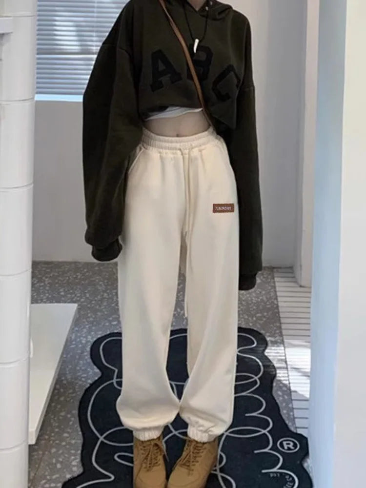 Winter Fleece Beige Jogging Sports Korean Style Oversize Pant