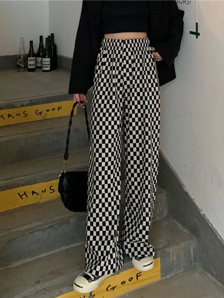 Black White Plaid Harajuku Wide Leg Checkerd Streetwear Pant