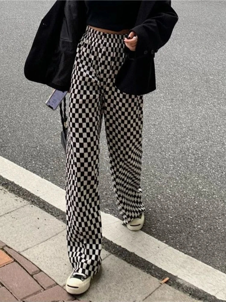 Black White Plaid Harajuku Wide Leg Checkerd Streetwear Pant