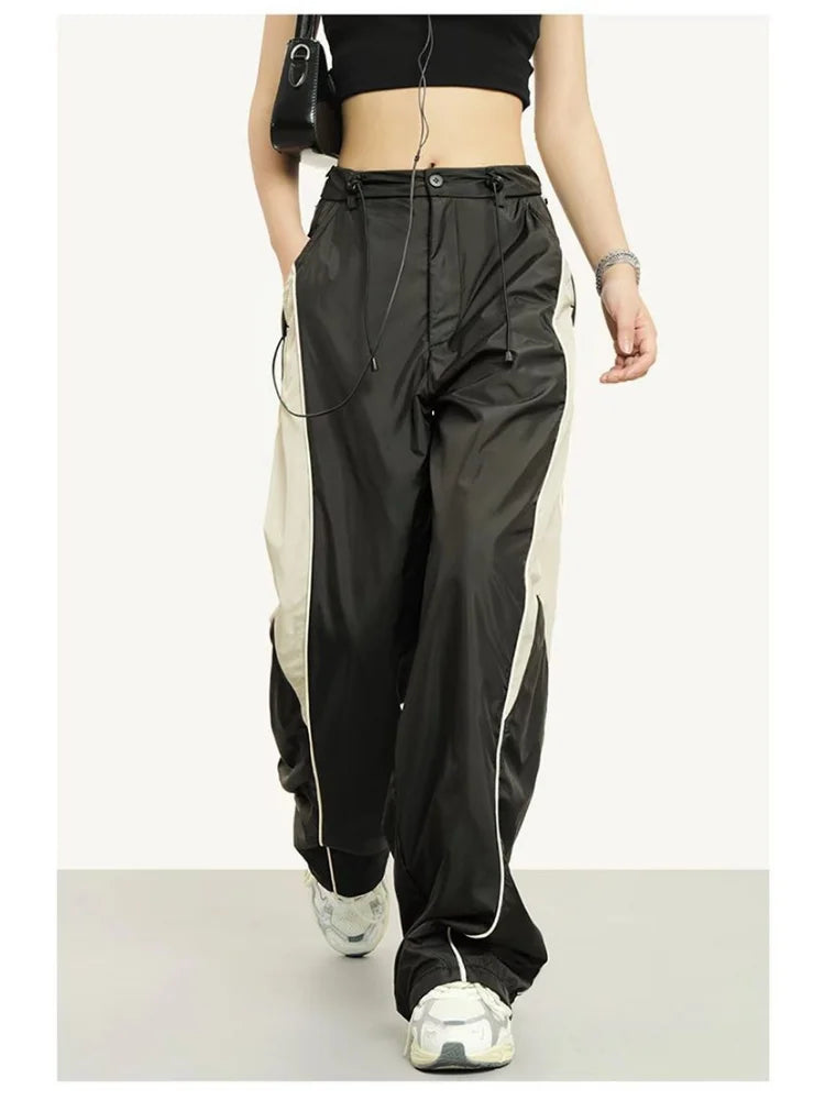 Vintage Patchwork Beige Sweatpants Retro Streetwear Wide Leg Baggy Pant