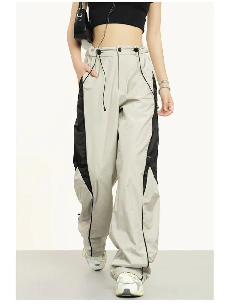 Vintage Patchwork Beige Sweatpants Retro Streetwear Wide Leg Baggy Pant