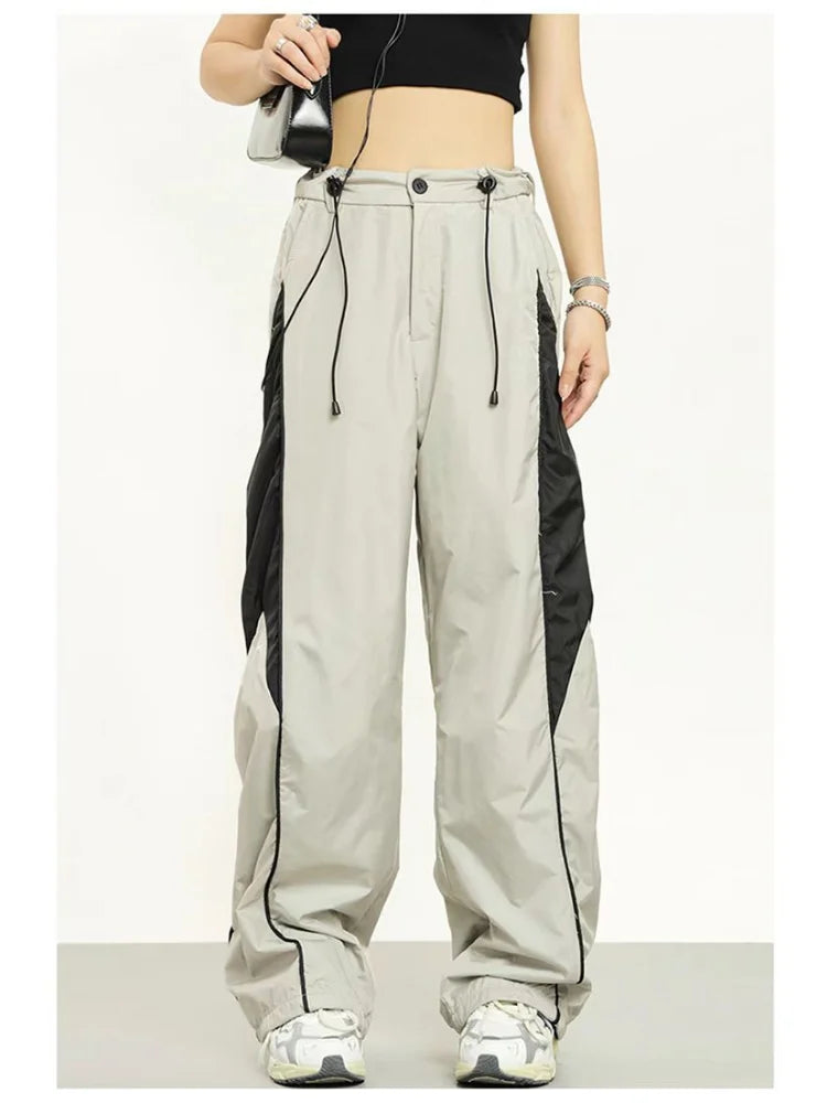 Vintage Patchwork Beige Sweatpants Retro Streetwear Wide Leg Baggy Pant