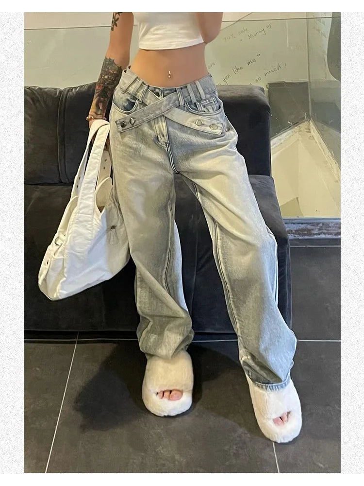 Baggy Blue Korean Style Retro Distressed Oversized Pant