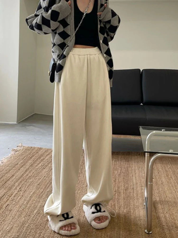White Jogging Sweatpants Winter Fleece Korean Style Oversize Wide Leg Pant