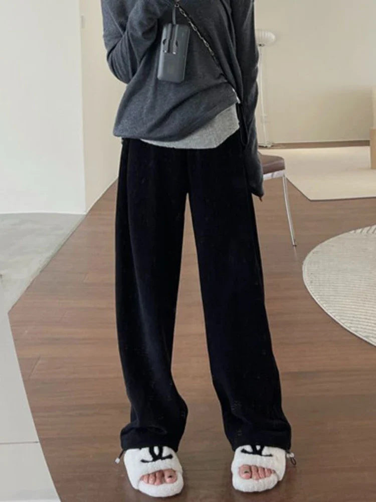 White Jogging Sweatpants Winter Fleece Korean Style Oversize Wide Leg Pant