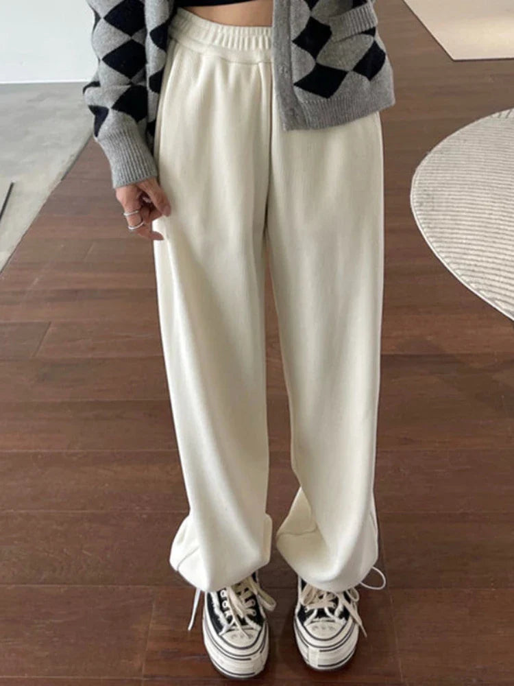 White Jogging Sweatpants Winter Fleece Korean Style Oversize Wide Leg Pant