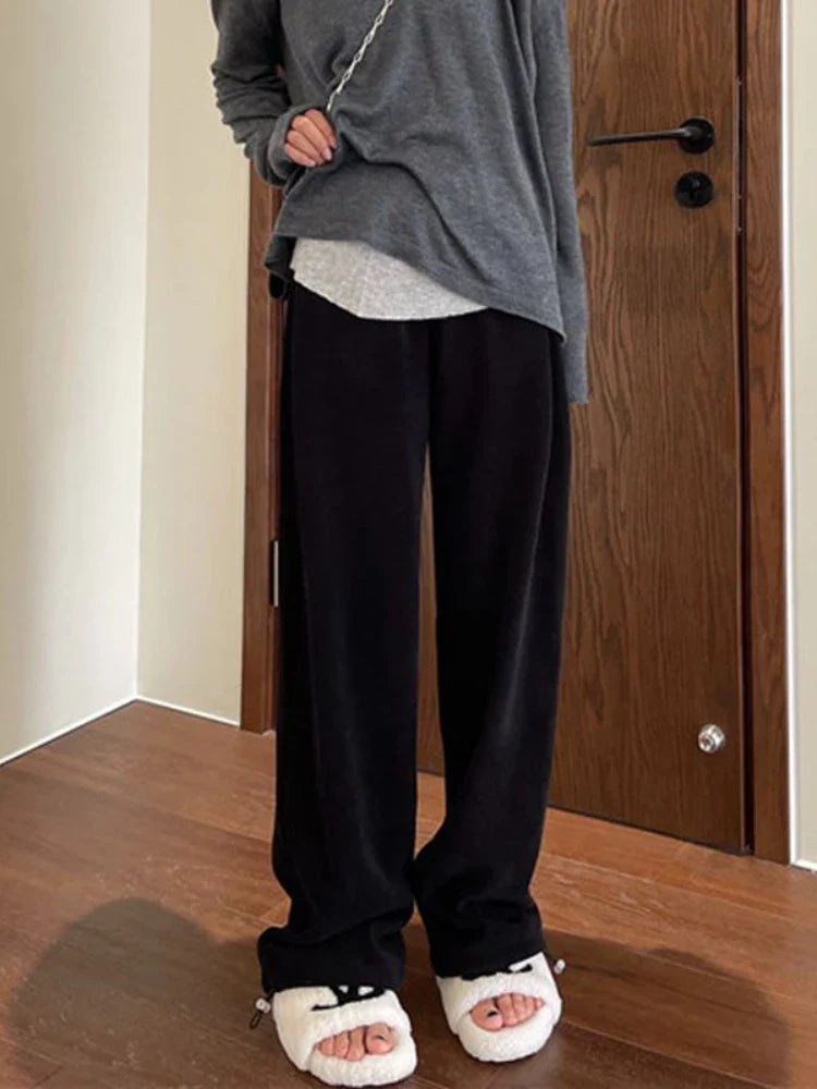 White Jogging Sweatpants Winter Fleece Korean Style Oversize Wide Leg Pant