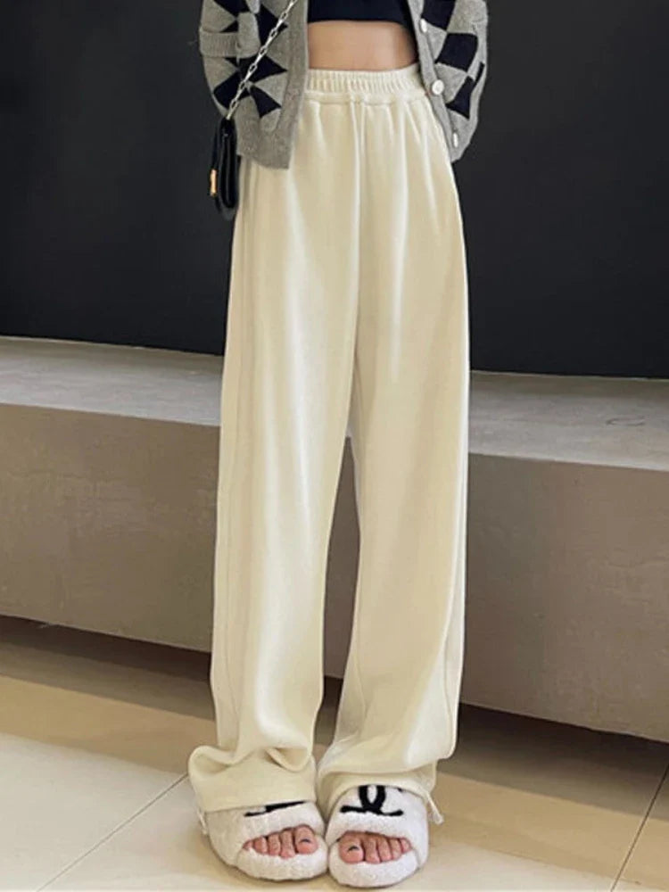 White Jogging Sweatpants Winter Fleece Korean Style Oversize Wide Leg Pant