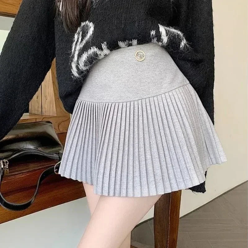 Woolen Pleated Cute High Waist A-line Patchwork Vintage Skirt