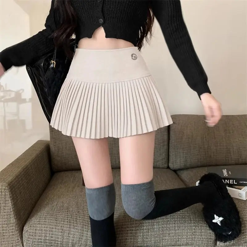 Woolen Pleated Cute High Waist A-line Patchwork Vintage Skirt