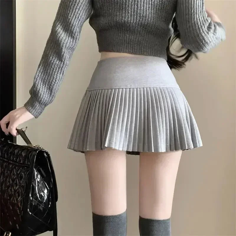 Woolen Pleated Cute High Waist A-line Patchwork Vintage Skirt