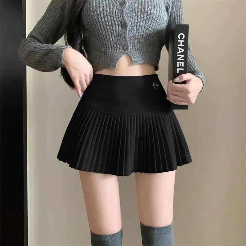 Woolen Pleated Cute High Waist A-line Patchwork Vintage Skirt
