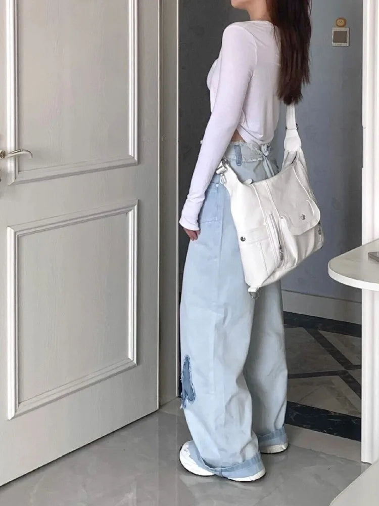 Blue Baggy Y2K Hippie Graphic Denim Oversize Patchwork Pant