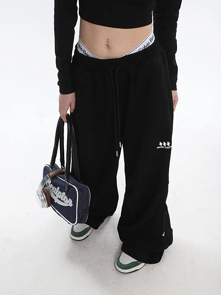 Y2K Kpop Gray Drawstring Folds Jogging Oversize Wide Leg Pant