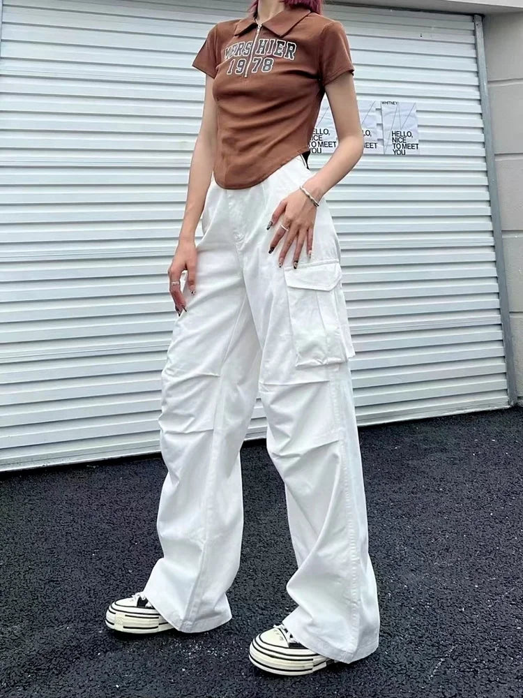 Y2K Retro White Cargo Aesthetic Oversized Brown Parachute Wide Pockets Pant