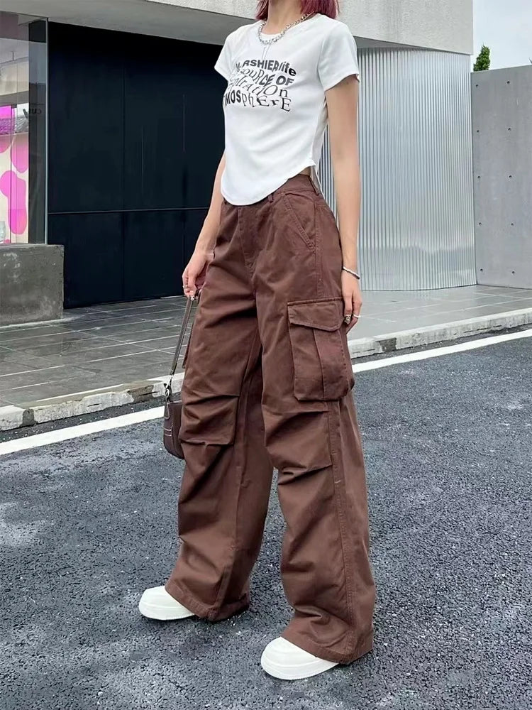 Y2K Retro White Cargo Aesthetic Oversized Brown Parachute Wide Pockets Pant
