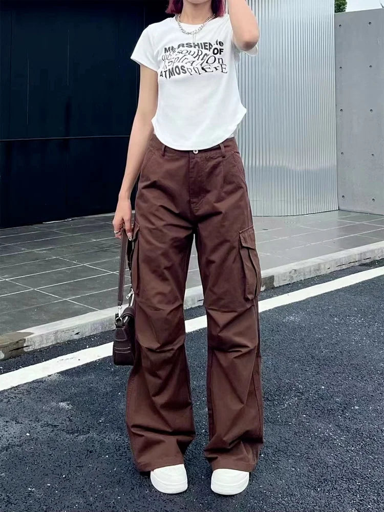Y2K Retro White Cargo Aesthetic Oversized Brown Parachute Wide Pockets Pant