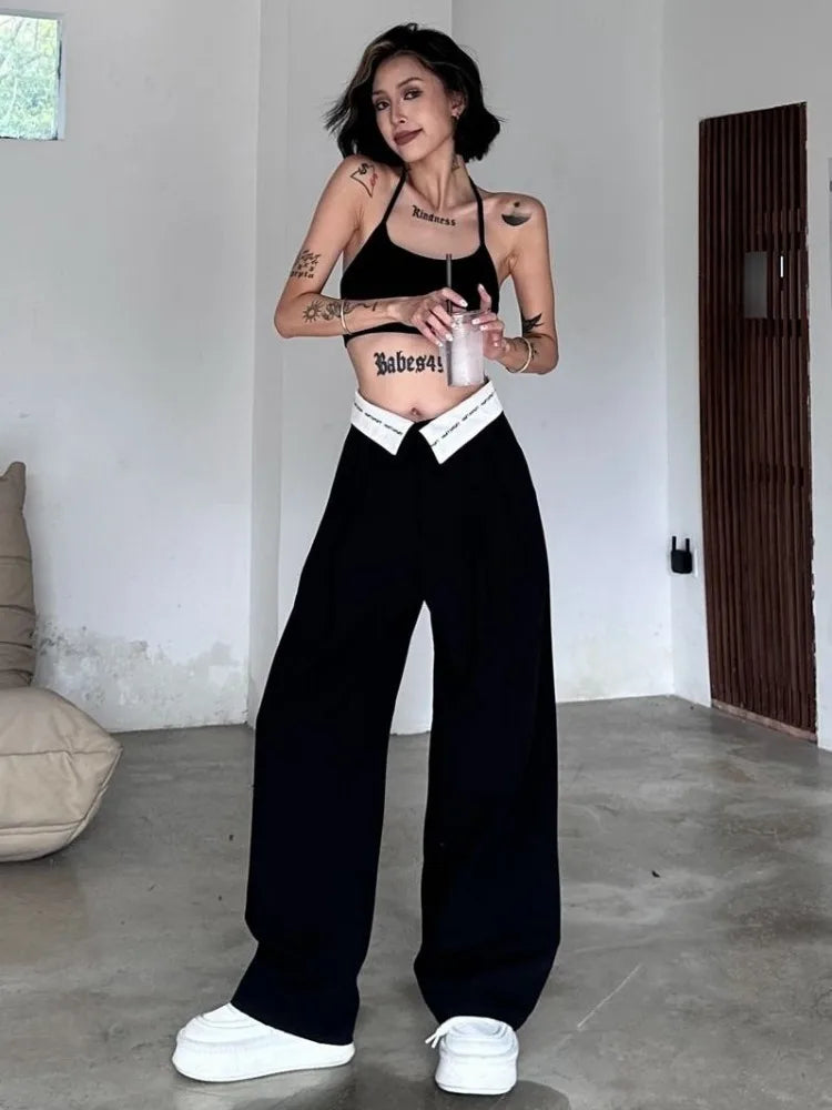 Y2K Vintage Black Cyber Punk Patchwork High Waisted Baggy Cargo Pant