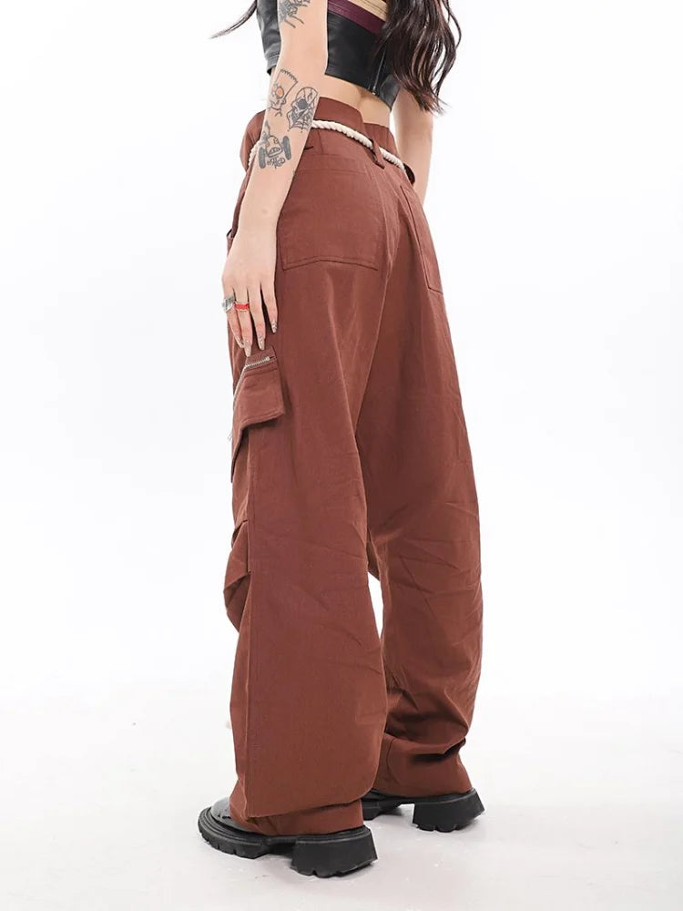 Y2K Vintage Brown Cargo Parachute Kpop Pink Wide Leg American Retro Pant