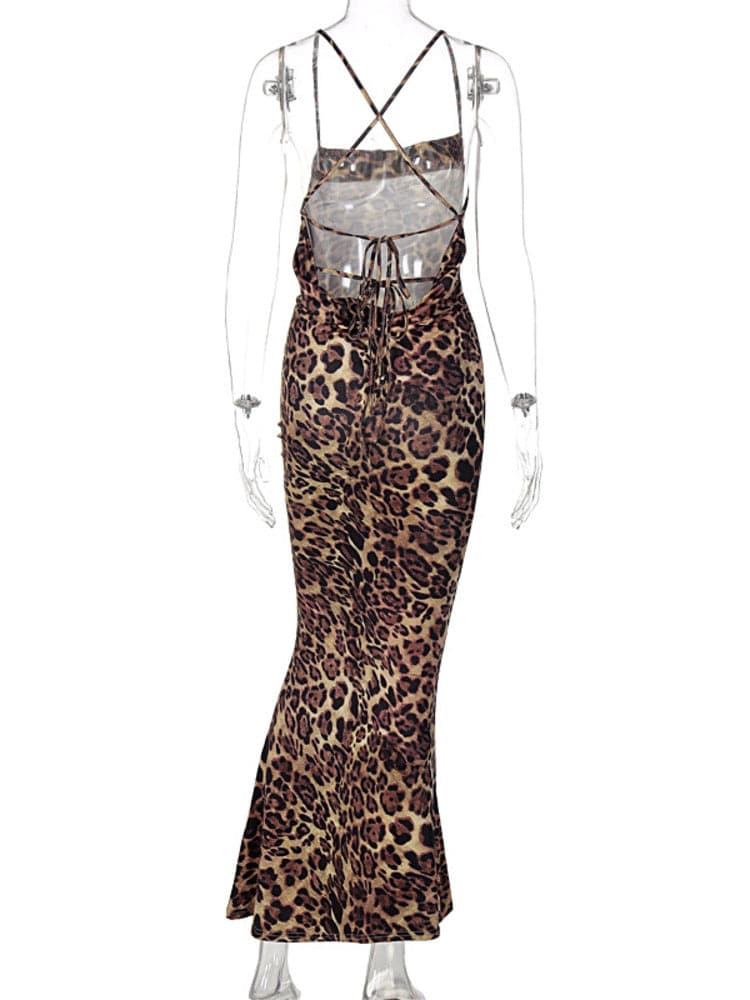 HOVON  Backless Cross Bodycon Maxi Long Leopard  Dresses