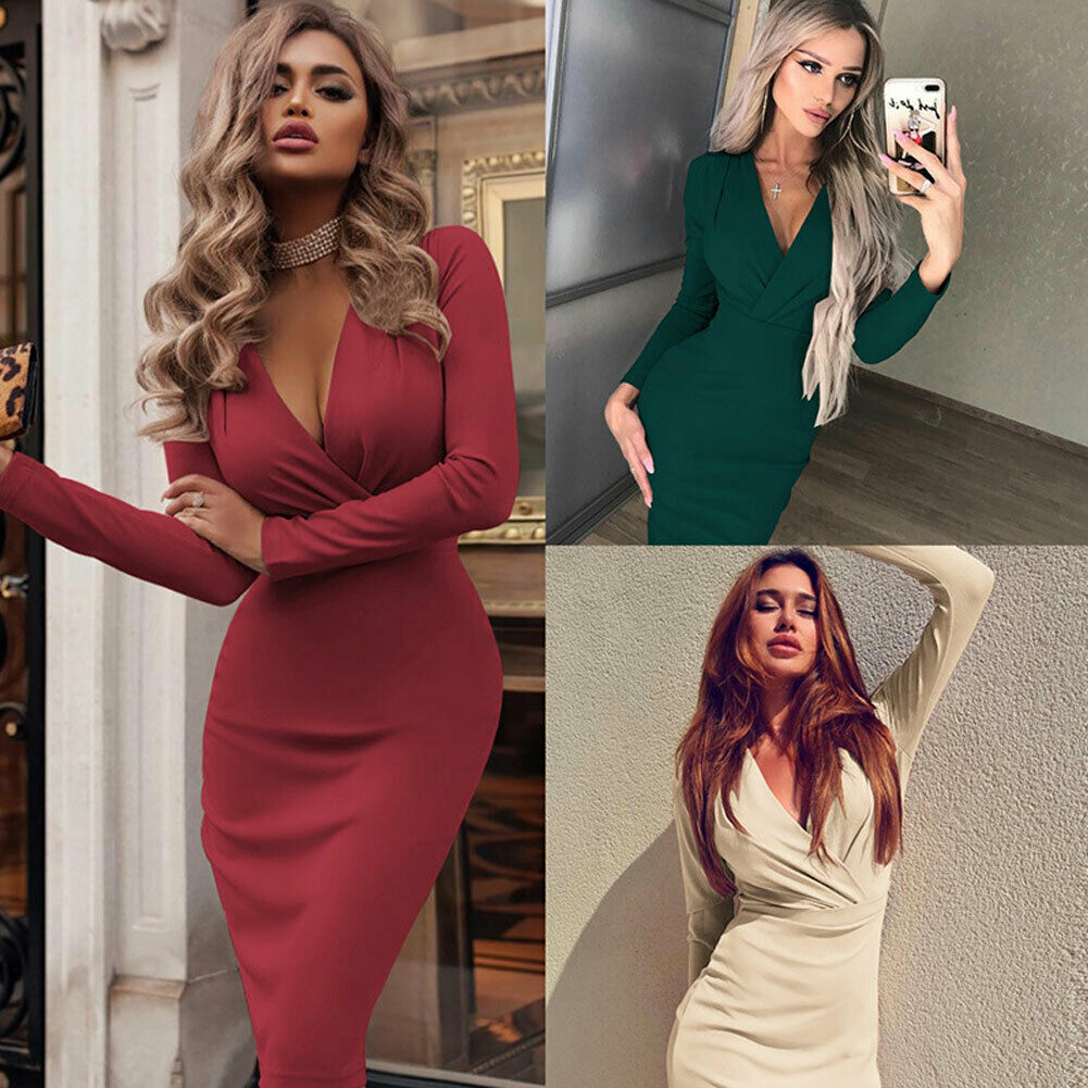 Long Sleeve Deep V-Neck Bandage Bodycon Evening Party Dress Plus Size S-XXL