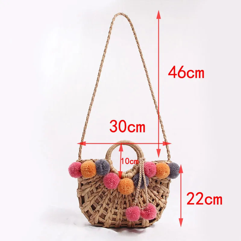 Lilac PomPom Chunky Straw Bag