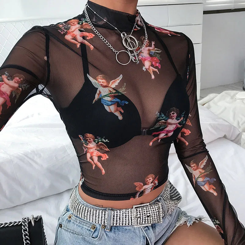 Mesh Long Sleeve Sheer Top