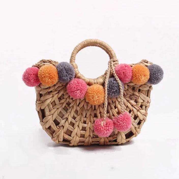 Lilac PomPom Chunky Straw Bag