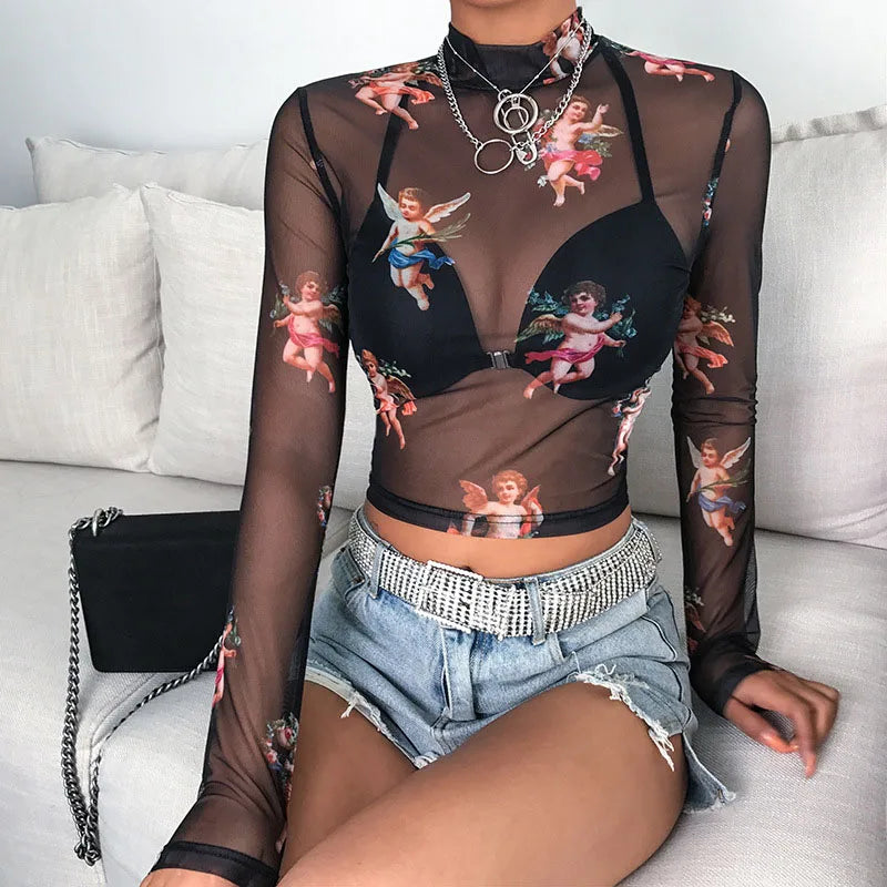 Mesh Long Sleeve Sheer Top