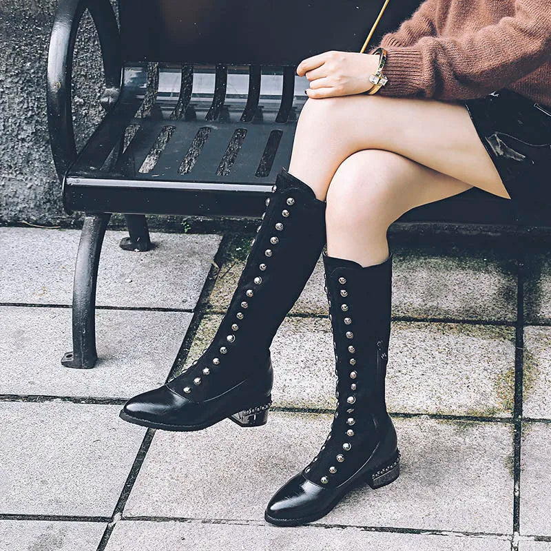 Senga Punk Rivet Knee High Victorian Boots