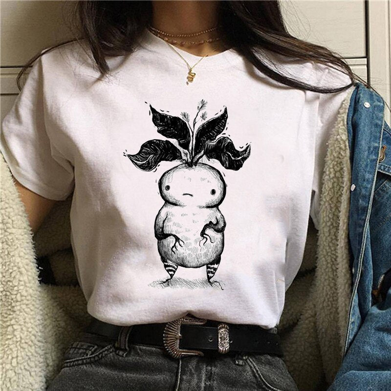 Cute Cartoon Cat Mushroom Print T Shirt