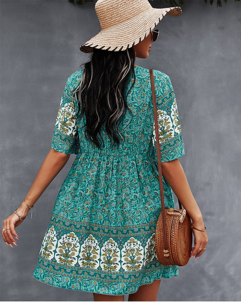 New Floral Print Summer Casual V Neck Bohemian Short Sleeve Dress For Woman