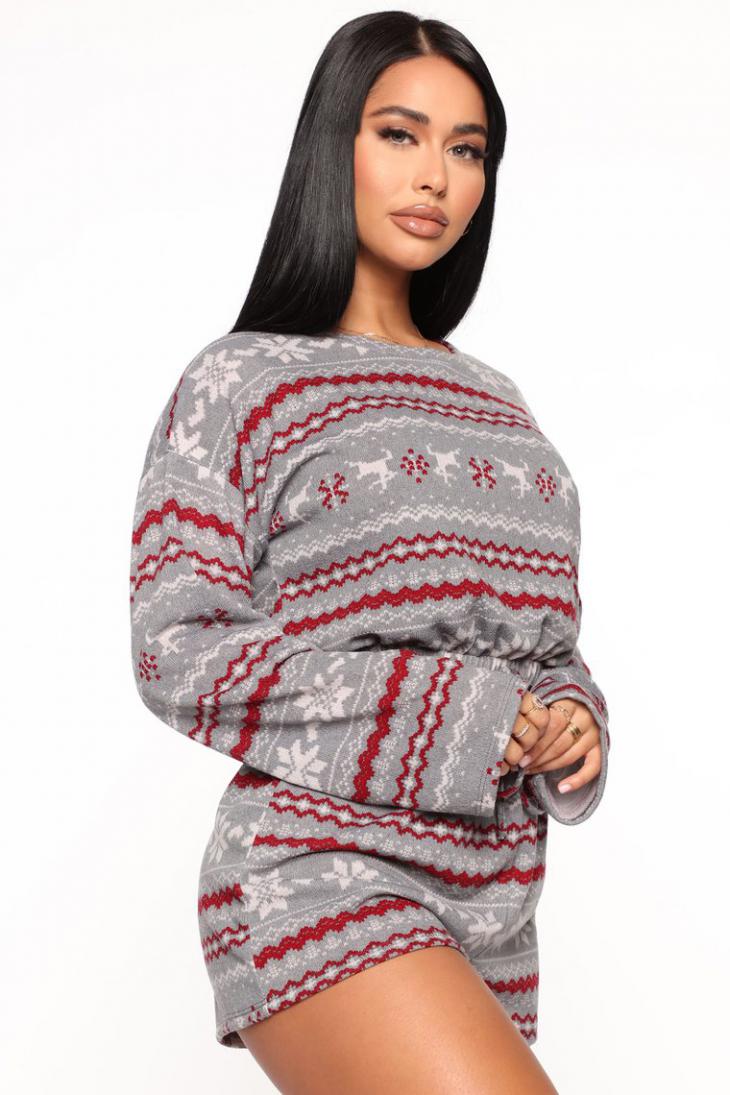 Christmas Pajama Sets Long Sleeve Crop Top Shorts 2Pcs Snowflake Print Knitted