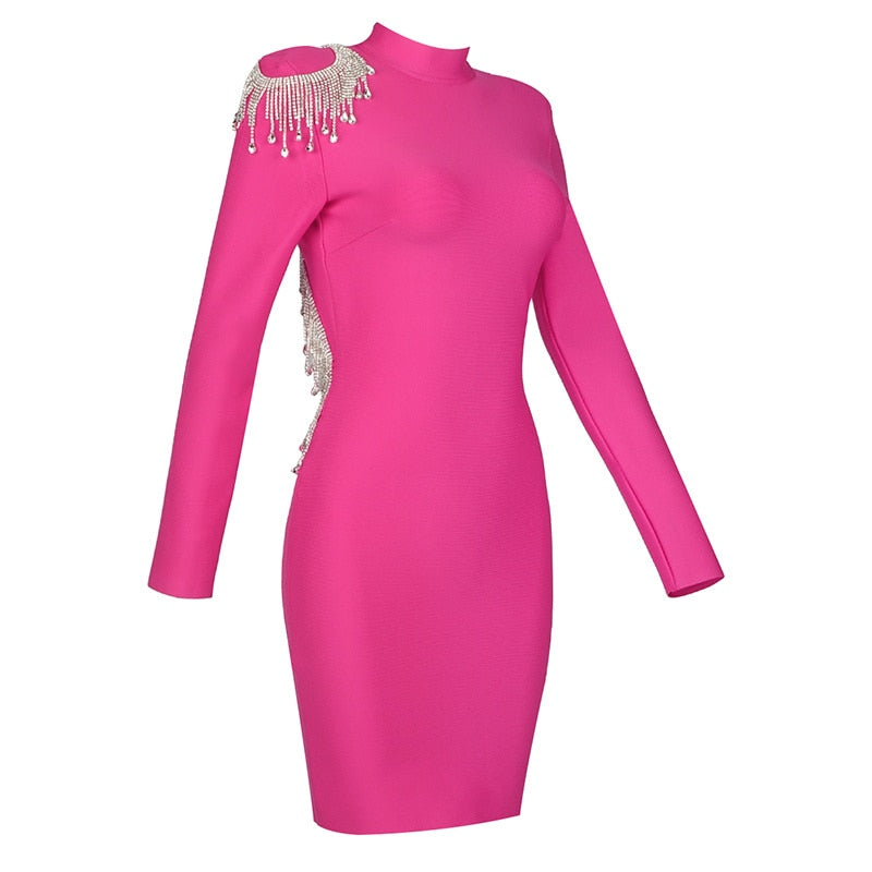 High-Quality Red Black Sparkly Backless Diamonds Tassel Rayon Bandage Dress