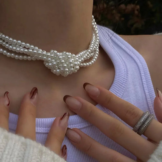 Knotted Multi-Layer Pearl Choker Necklace