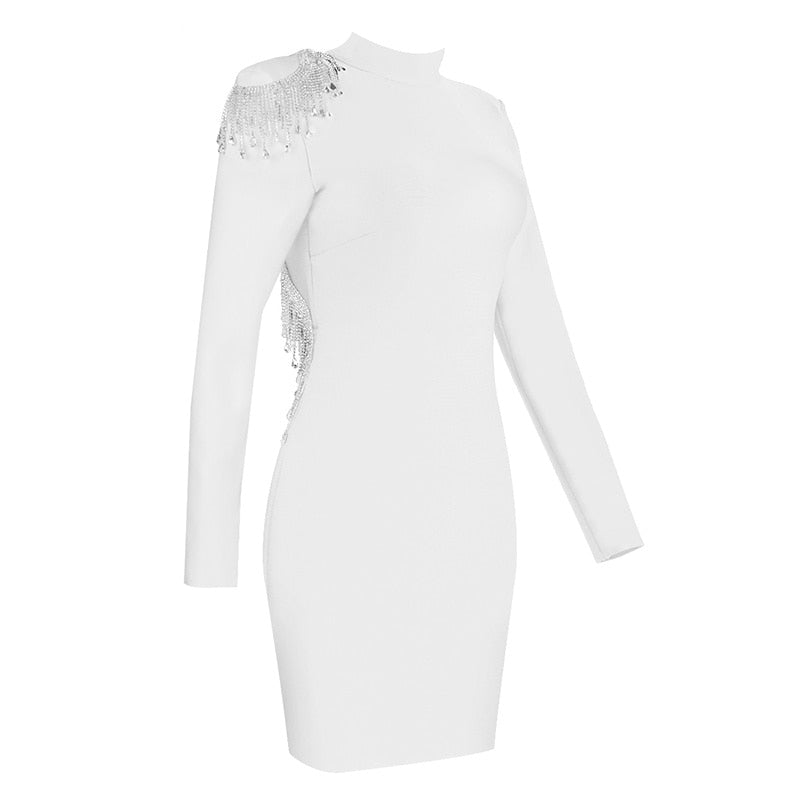 High-Quality Red Black Sparkly Backless Diamonds Tassel Rayon Bandage Dress