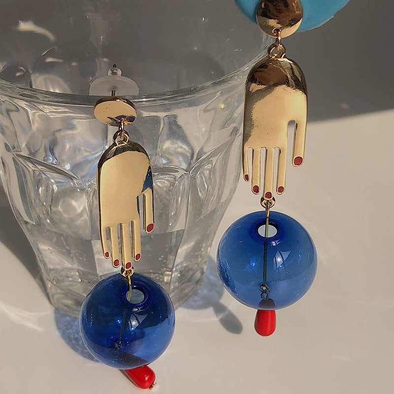 Hands & Blue Glass Ball Drop Earrings