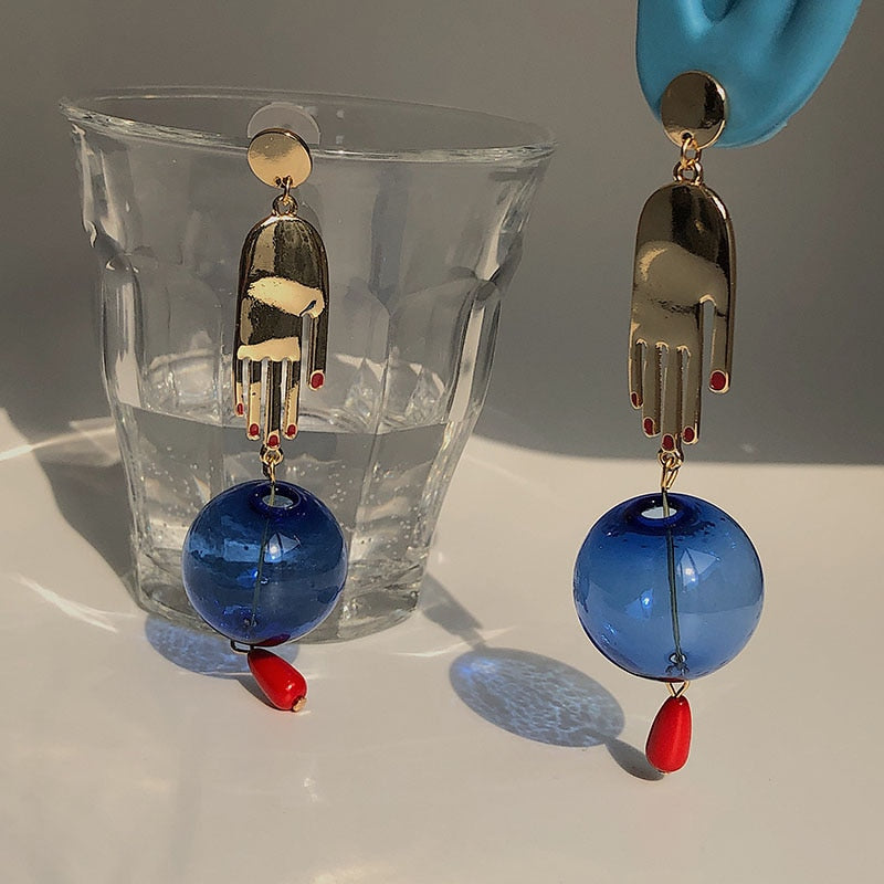 Hands & Blue Glass Ball Drop Earrings