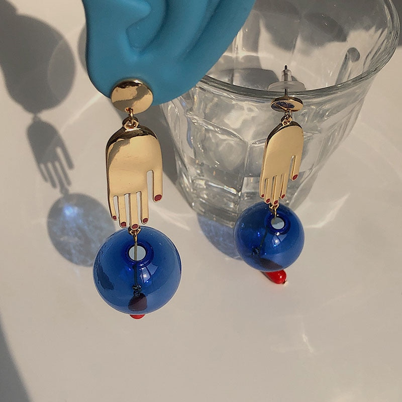 Hands & Blue Glass Ball Drop Earrings