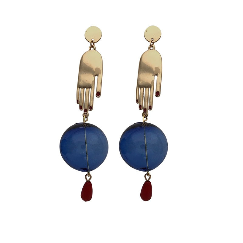 Hands & Blue Glass Ball Drop Earrings