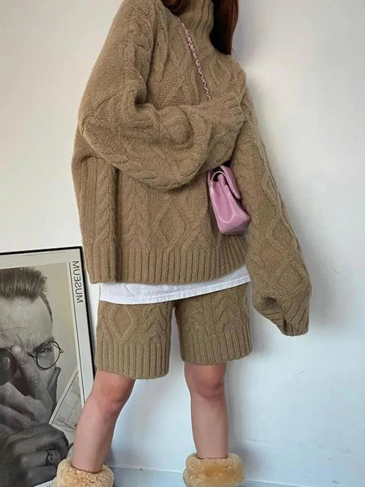 Hanka Cable Knit Turtleneck and Shorts Set