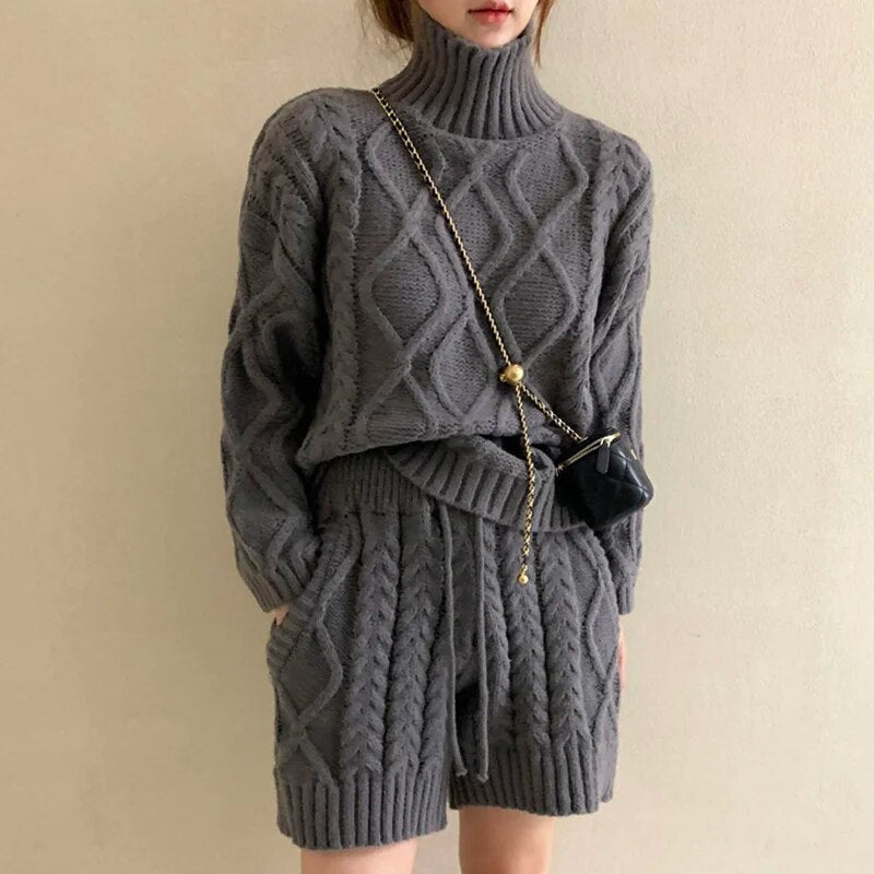 Hanka Cable Knit Turtleneck and Shorts Set