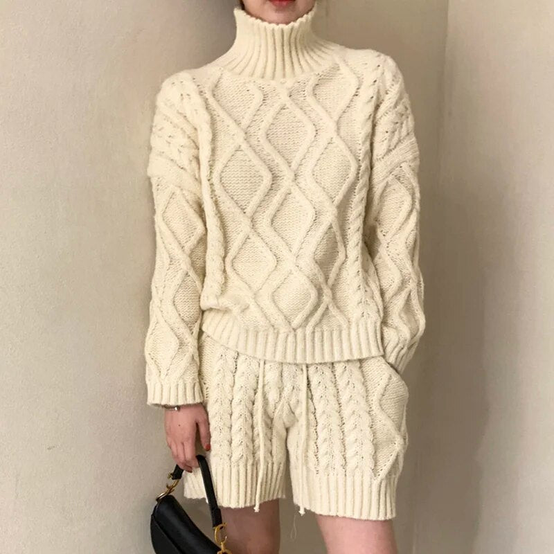 Hanka Cable Knit Turtleneck and Shorts Set