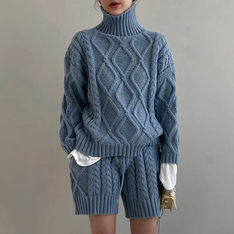 Hanka Cable Knit Turtleneck and Shorts Set