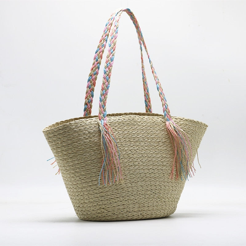 Hanni Pastel Braids Handle Straw Tote Bags - 2 Colors