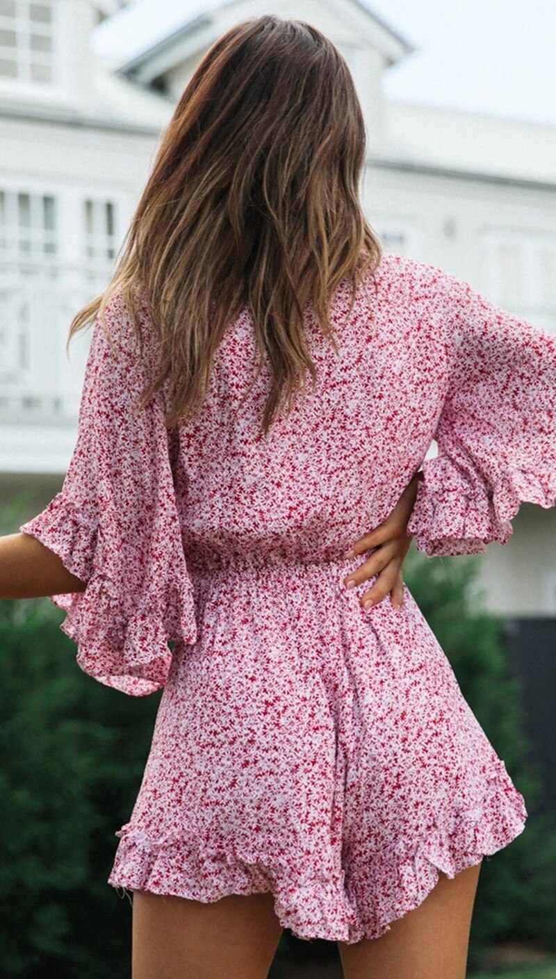 Floral Ruffles Loose V-Neck Romper