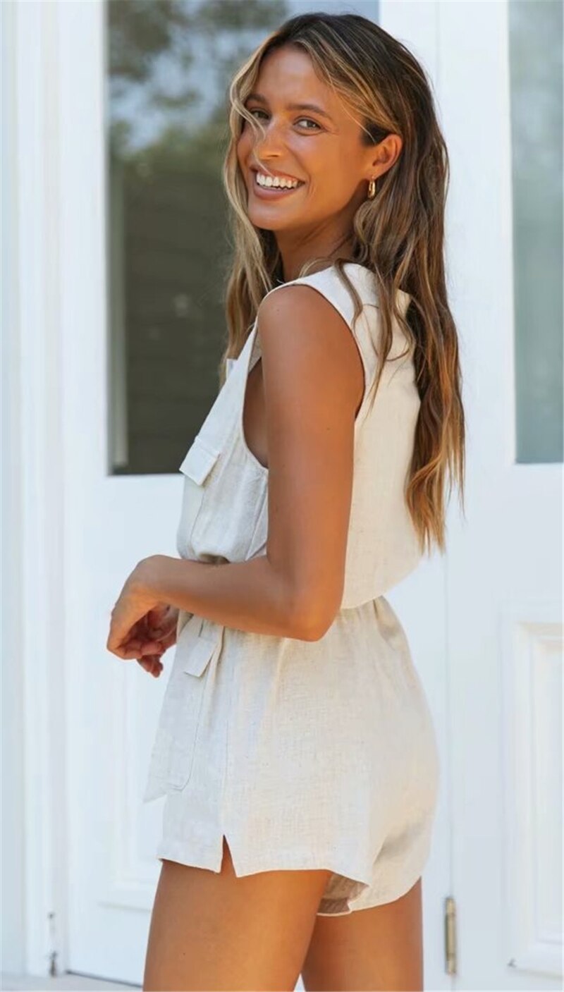 Cotton Sleeveless Pockets Loose Romper