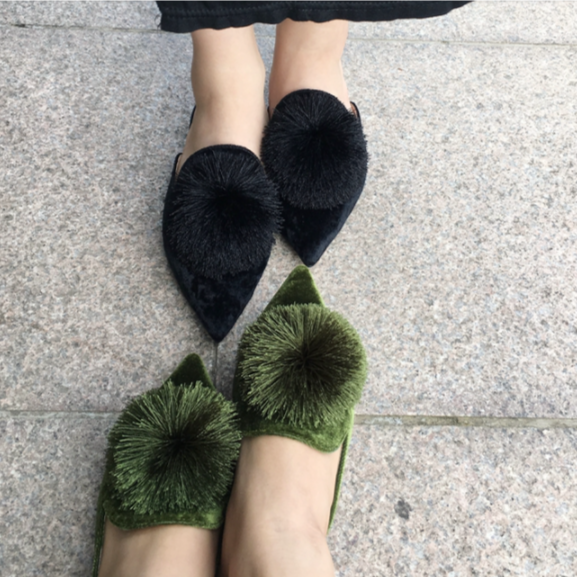 Harper Pom Pom Velvet Mules